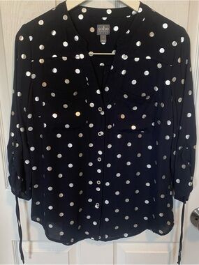New York & Company Black Button-Down Blouse with Silver Polka Dots